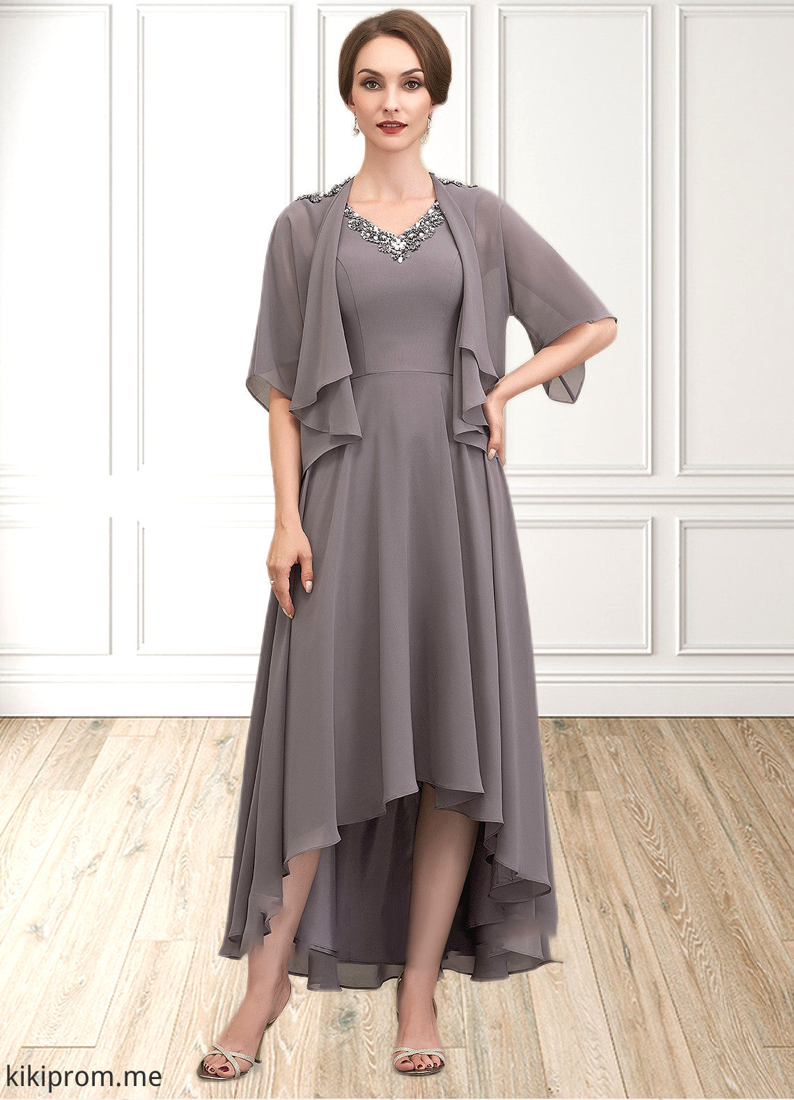 Lilia A-line V-Neck Asymmetrical Chiffon Mother of the Bride Dress With Beading Sequins STF126P0014656