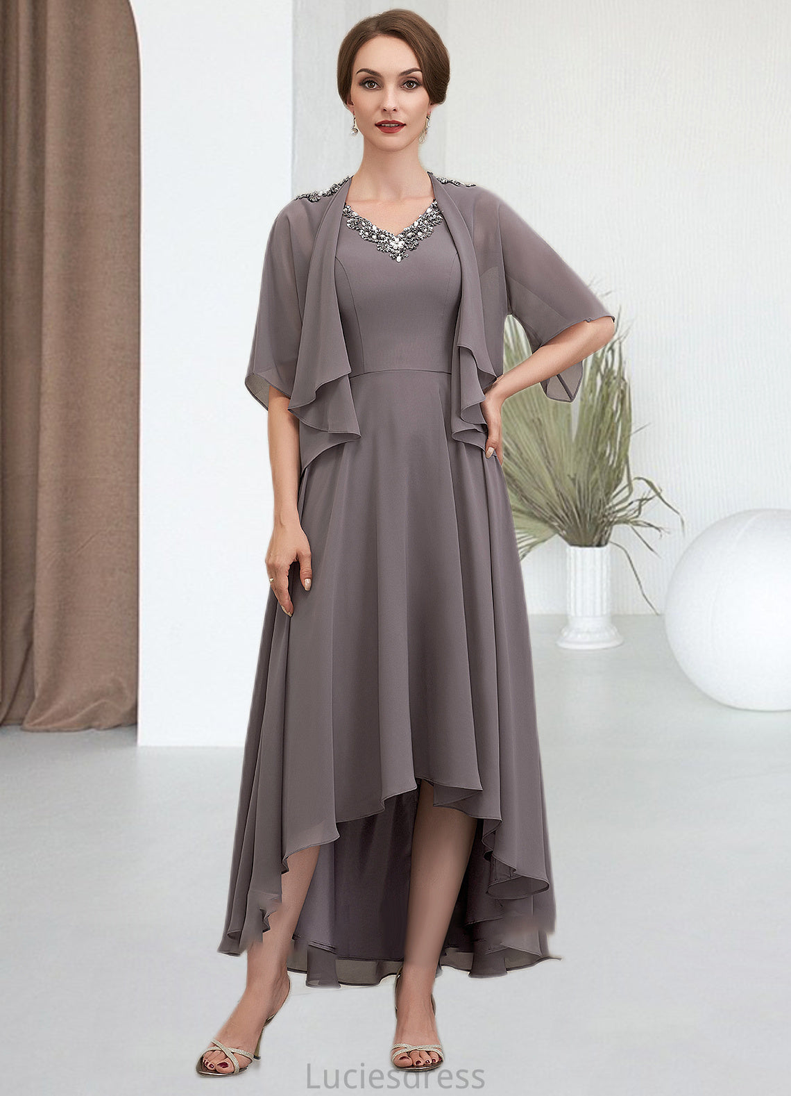 Millicent A-line V-Neck Asymmetrical Chiffon Mother of the Bride Dress With Beading Sequins HF126P0014656