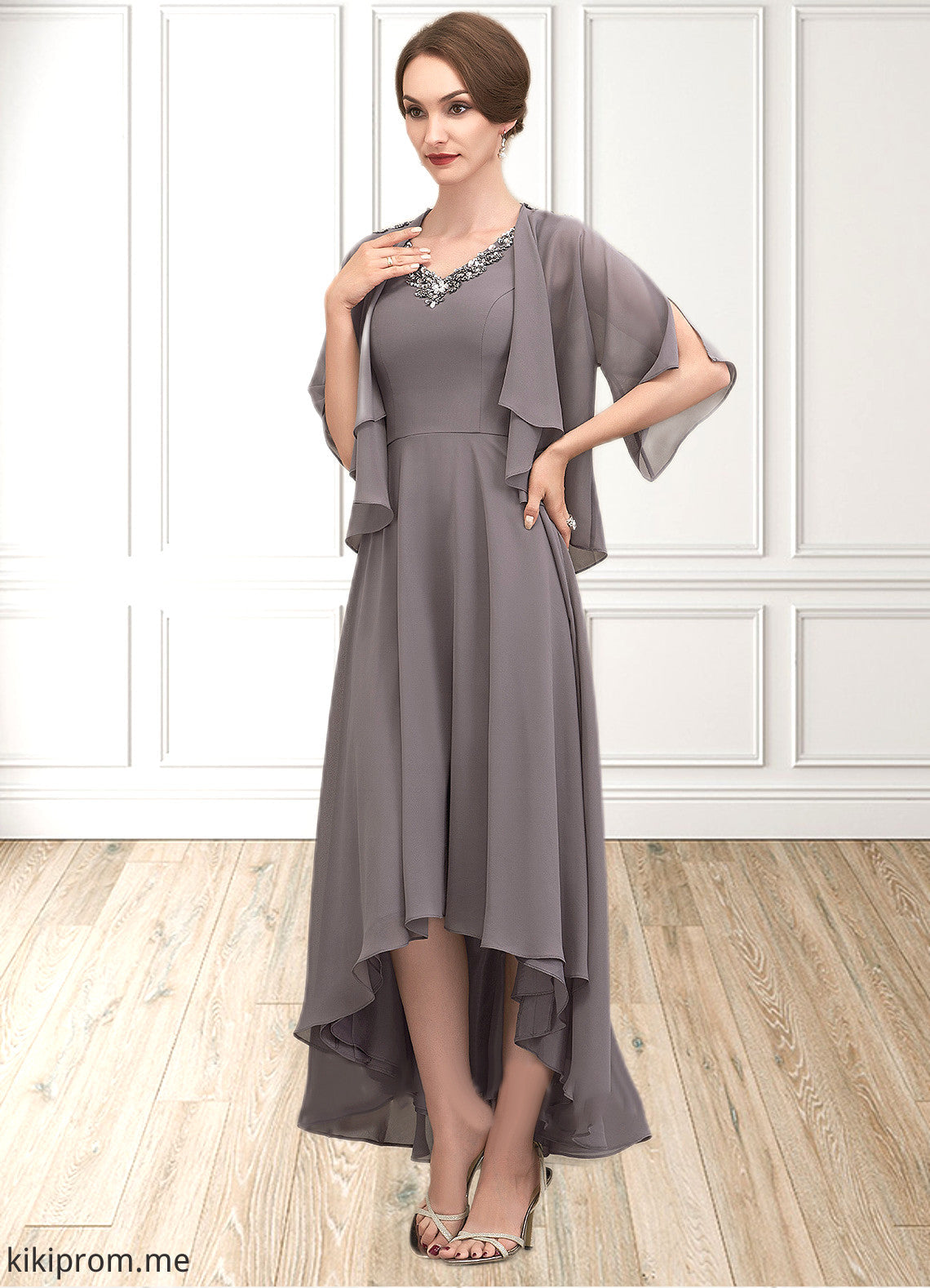 Lilia A-line V-Neck Asymmetrical Chiffon Mother of the Bride Dress With Beading Sequins STF126P0014656