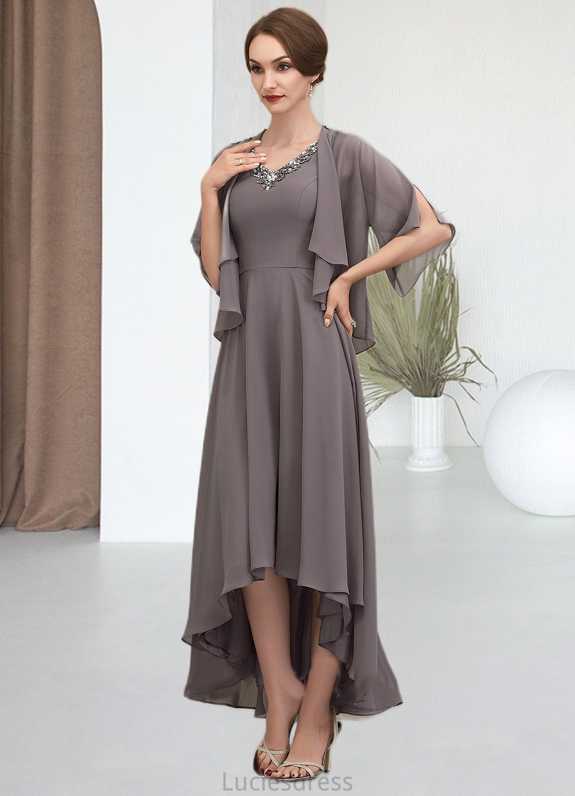 Millicent A-line V-Neck Asymmetrical Chiffon Mother of the Bride Dress With Beading Sequins HF126P0014656