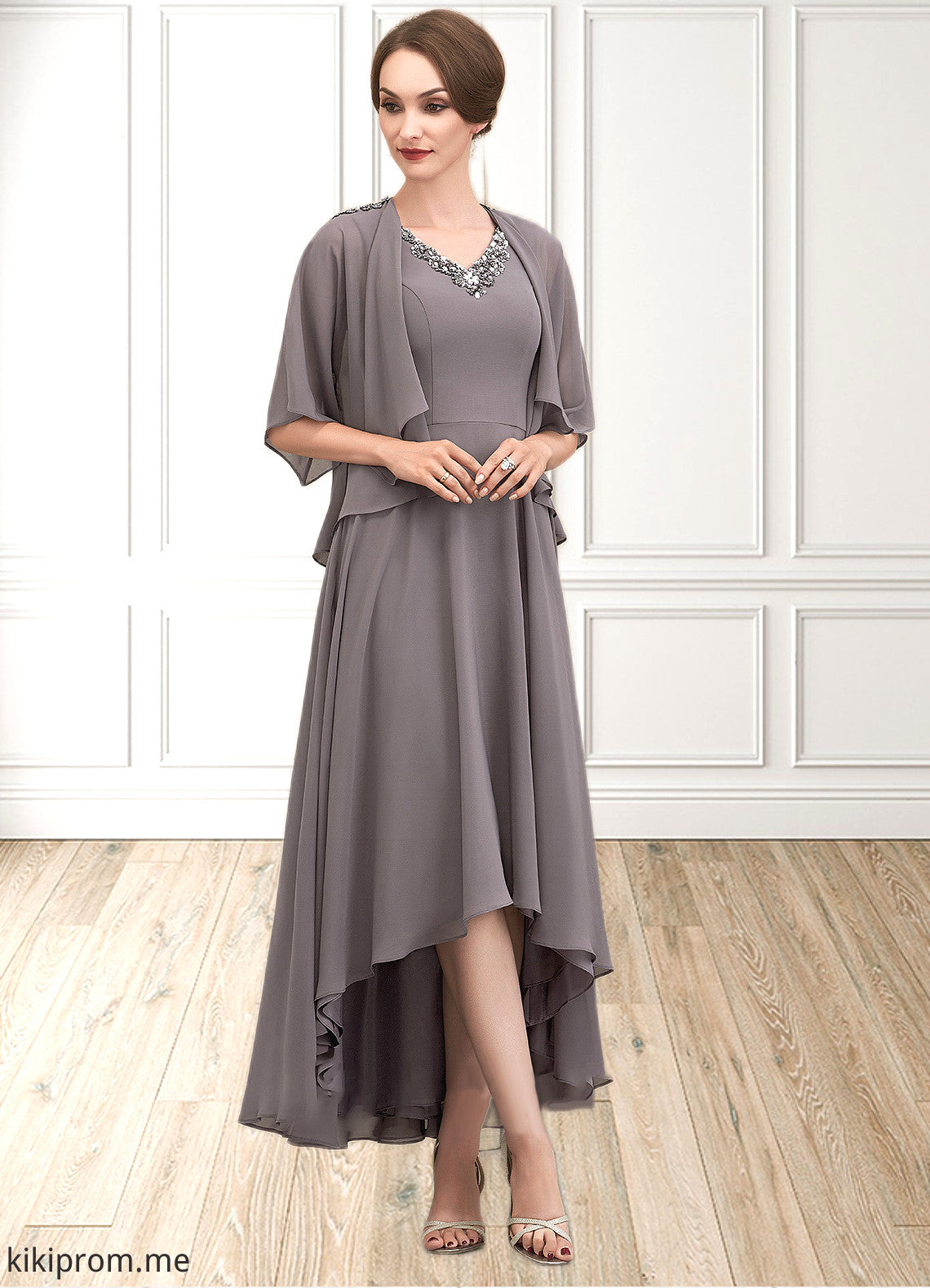 Lilia A-line V-Neck Asymmetrical Chiffon Mother of the Bride Dress With Beading Sequins STF126P0014656