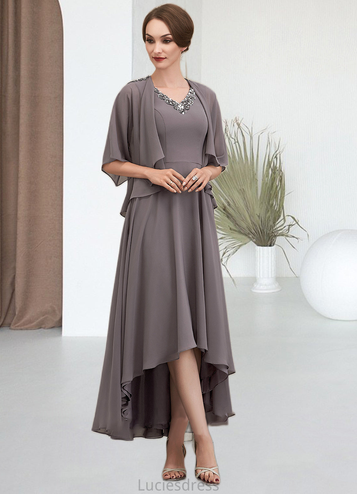 Millicent A-line V-Neck Asymmetrical Chiffon Mother of the Bride Dress With Beading Sequins HF126P0014656