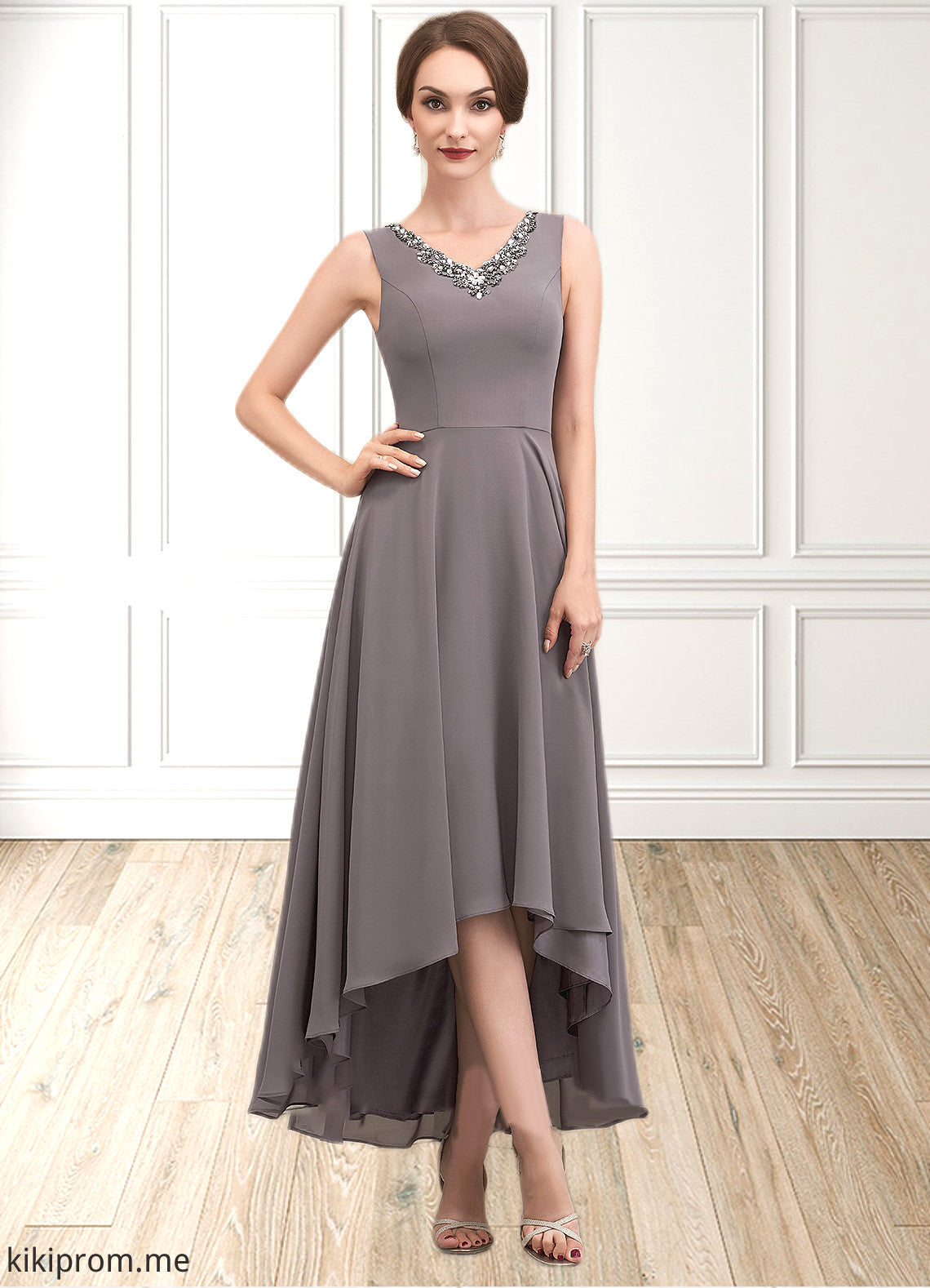 Lilia A-line V-Neck Asymmetrical Chiffon Mother of the Bride Dress With Beading Sequins STF126P0014656