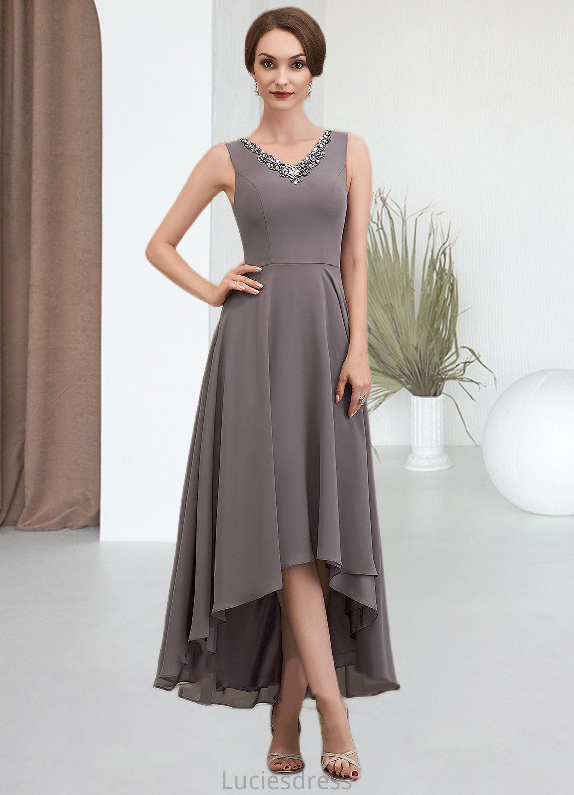 Millicent A-line V-Neck Asymmetrical Chiffon Mother of the Bride Dress With Beading Sequins HF126P0014656