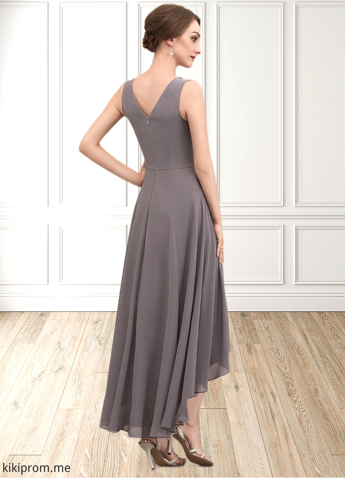 Lilia A-line V-Neck Asymmetrical Chiffon Mother of the Bride Dress With Beading Sequins STF126P0014656