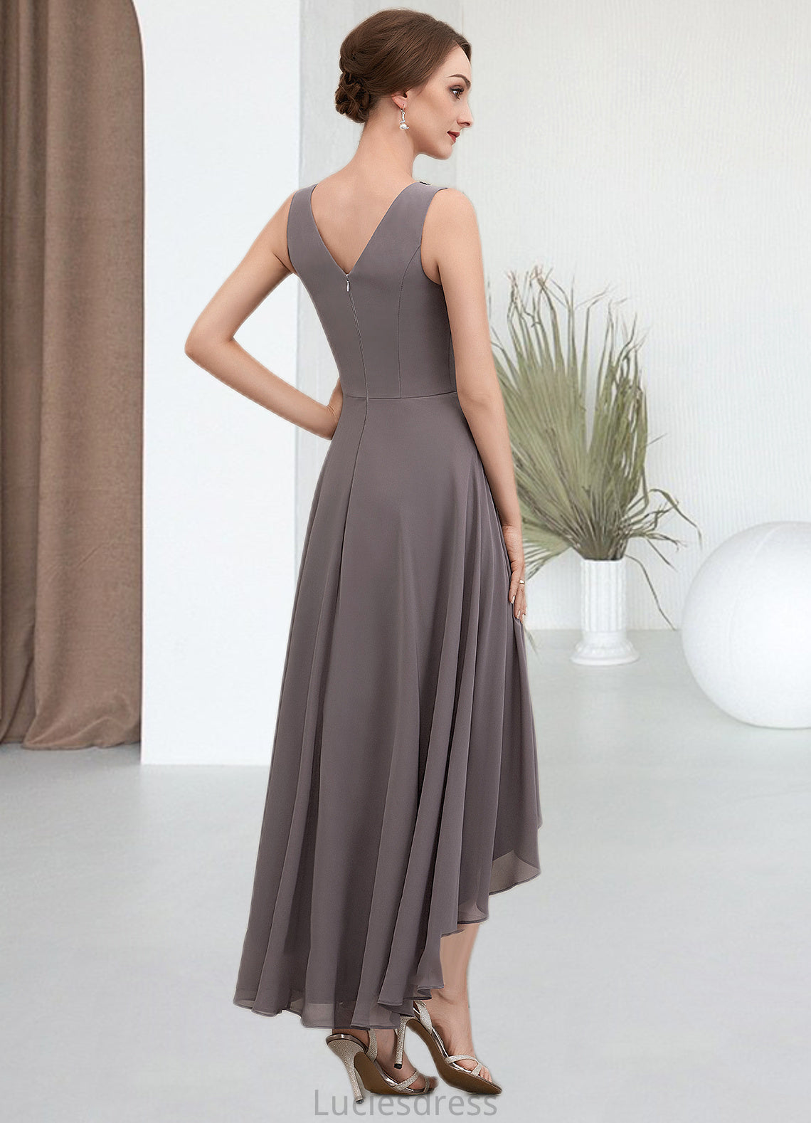 Millicent A-line V-Neck Asymmetrical Chiffon Mother of the Bride Dress With Beading Sequins HF126P0014656