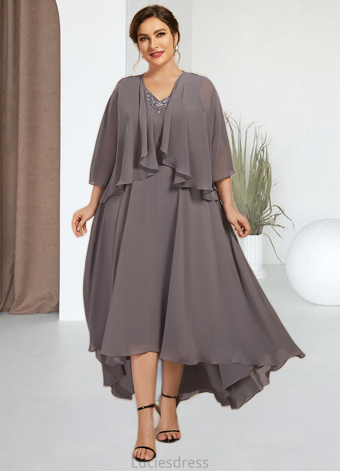 Millicent A-line V-Neck Asymmetrical Chiffon Mother of the Bride Dress With Beading Sequins HF126P0014656