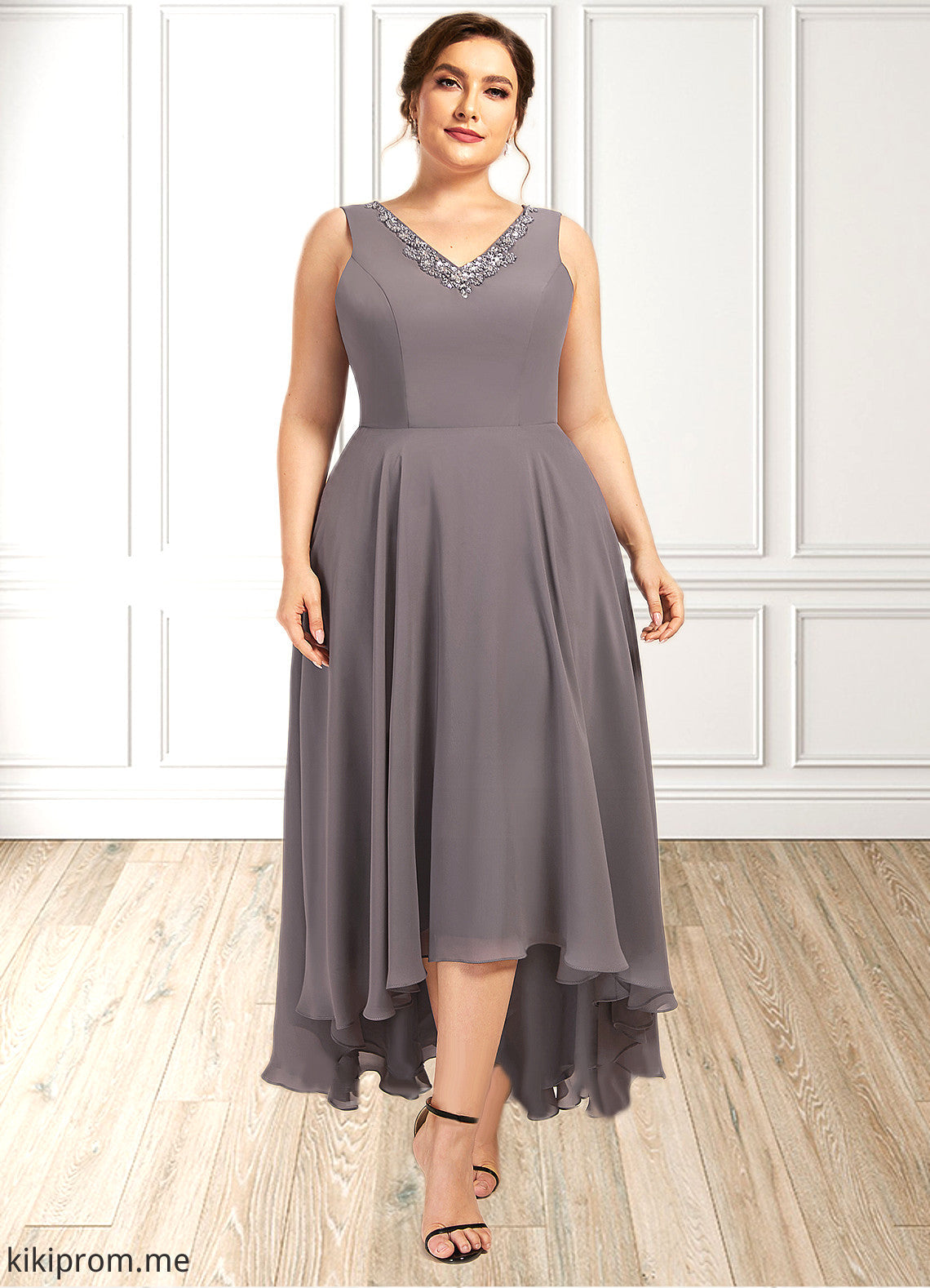 Lilia A-line V-Neck Asymmetrical Chiffon Mother of the Bride Dress With Beading Sequins STF126P0014656