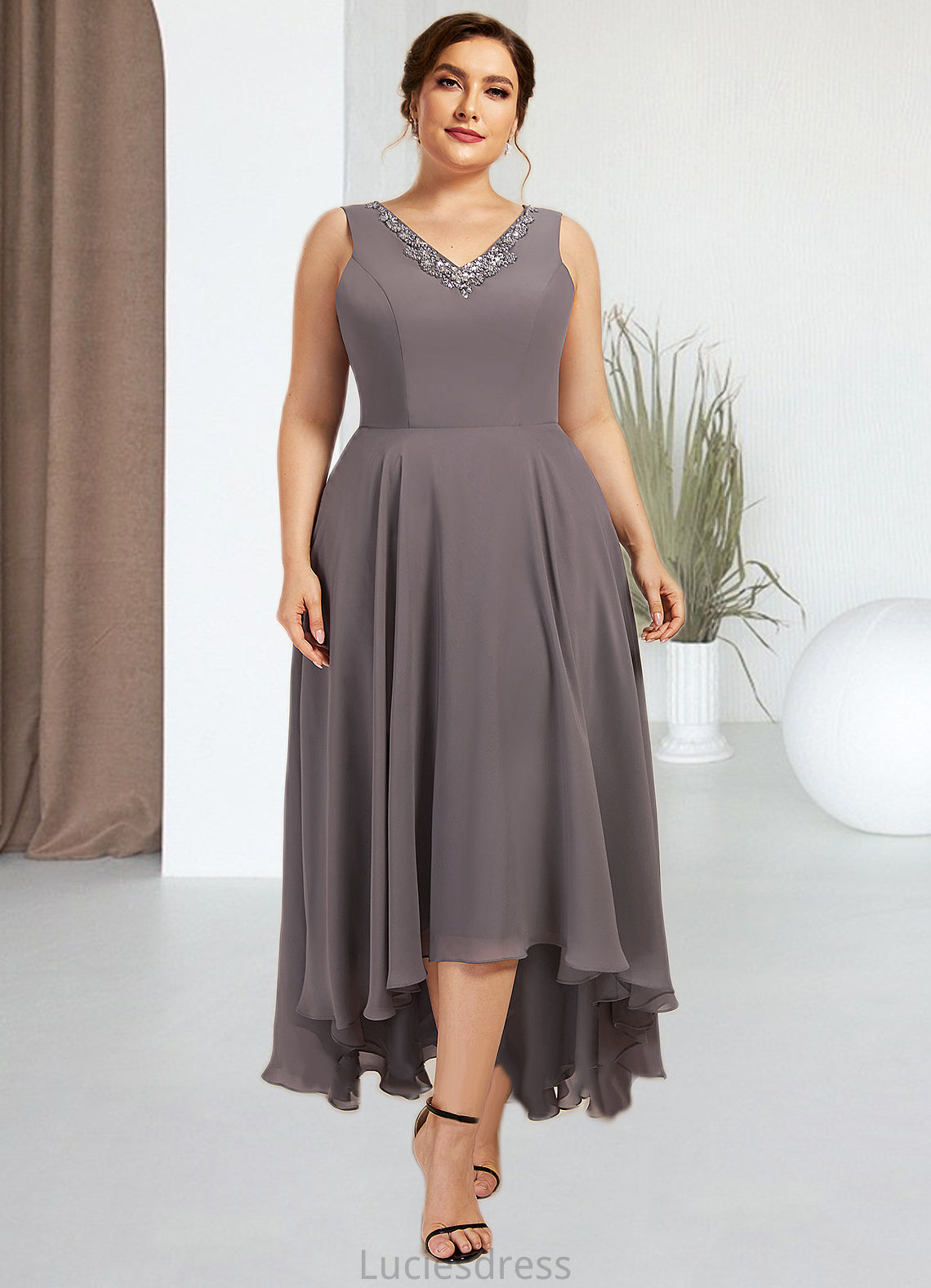 Millicent A-line V-Neck Asymmetrical Chiffon Mother of the Bride Dress With Beading Sequins HF126P0014656