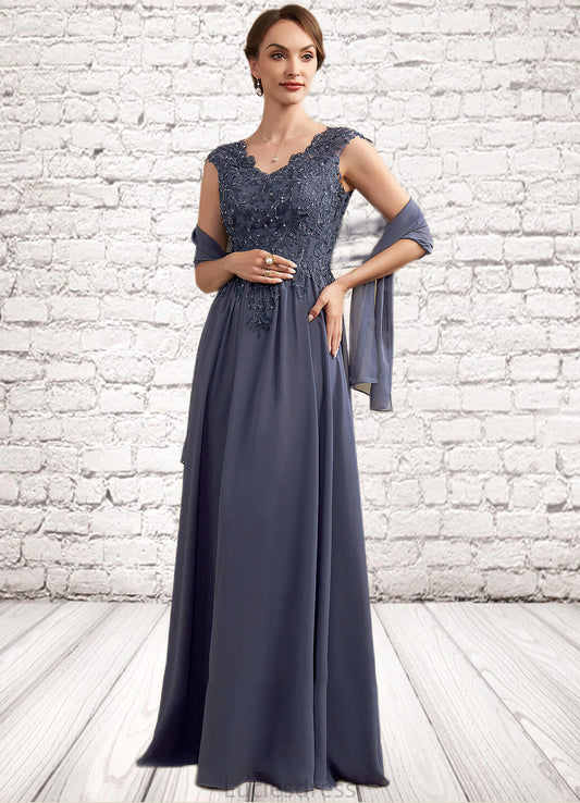 Erica A-Line V-neck Floor-Length Chiffon Lace Mother of the Bride Dress With Beading Sequins HF126P0014657