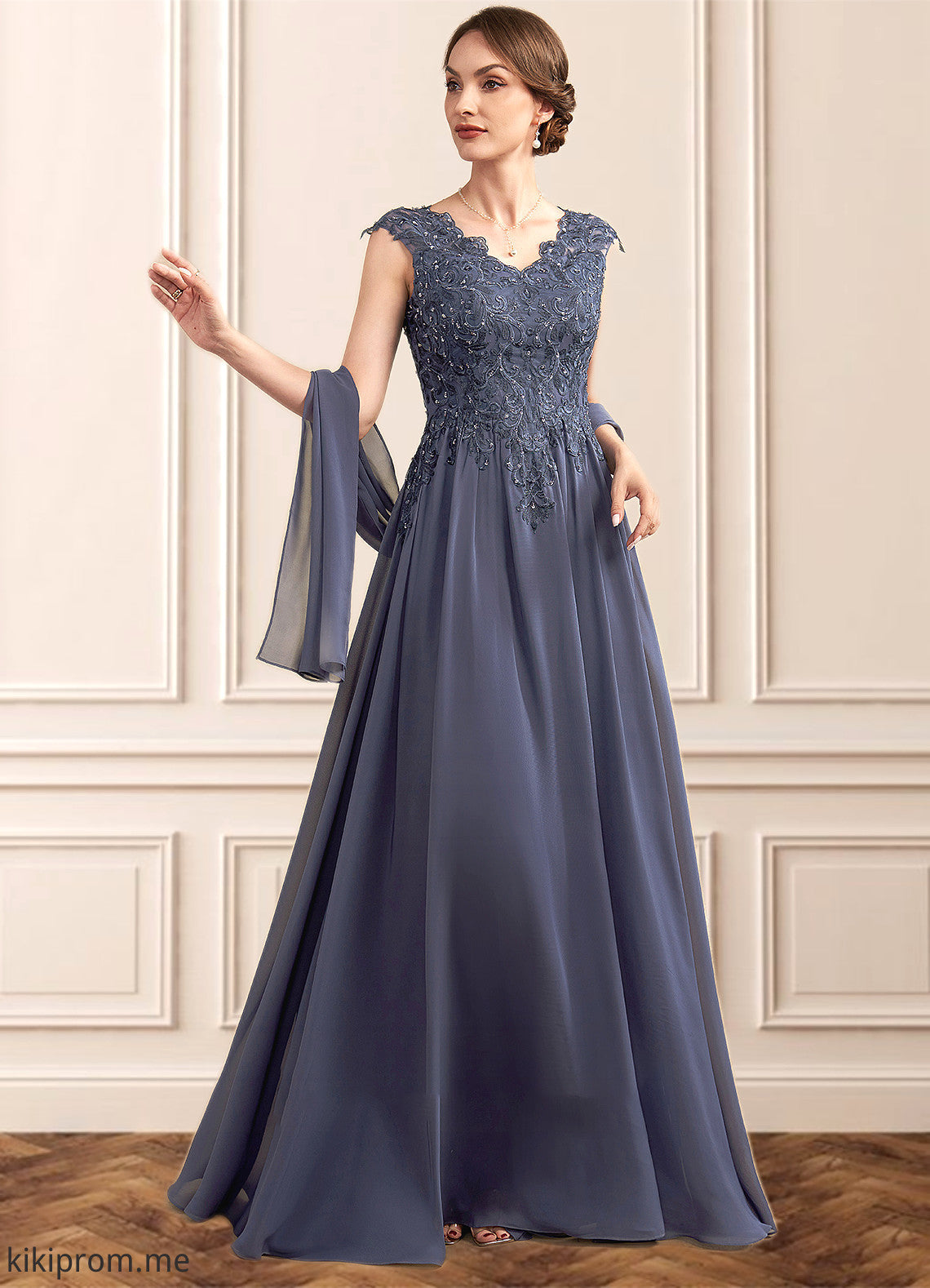 Jayden A-Line V-neck Floor-Length Chiffon Lace Mother of the Bride Dress With Beading Sequins STF126P0014657