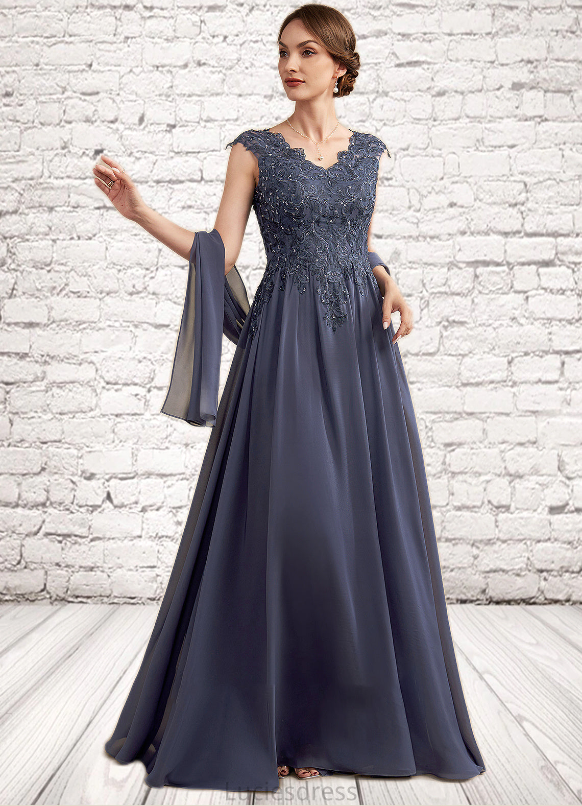 Erica A-Line V-neck Floor-Length Chiffon Lace Mother of the Bride Dress With Beading Sequins HF126P0014657