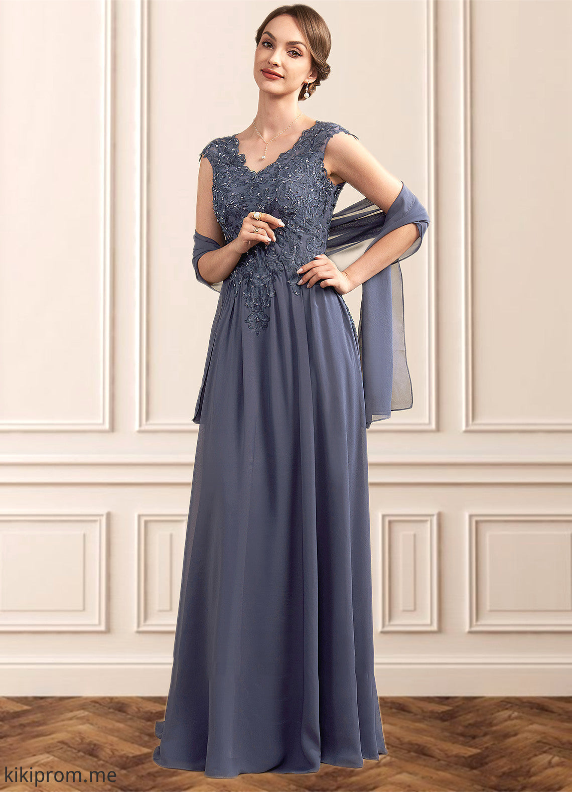 Jayden A-Line V-neck Floor-Length Chiffon Lace Mother of the Bride Dress With Beading Sequins STF126P0014657