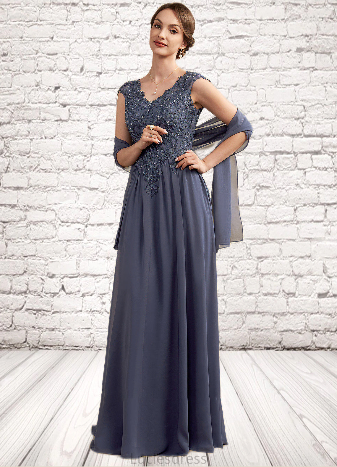 Erica A-Line V-neck Floor-Length Chiffon Lace Mother of the Bride Dress With Beading Sequins HF126P0014657