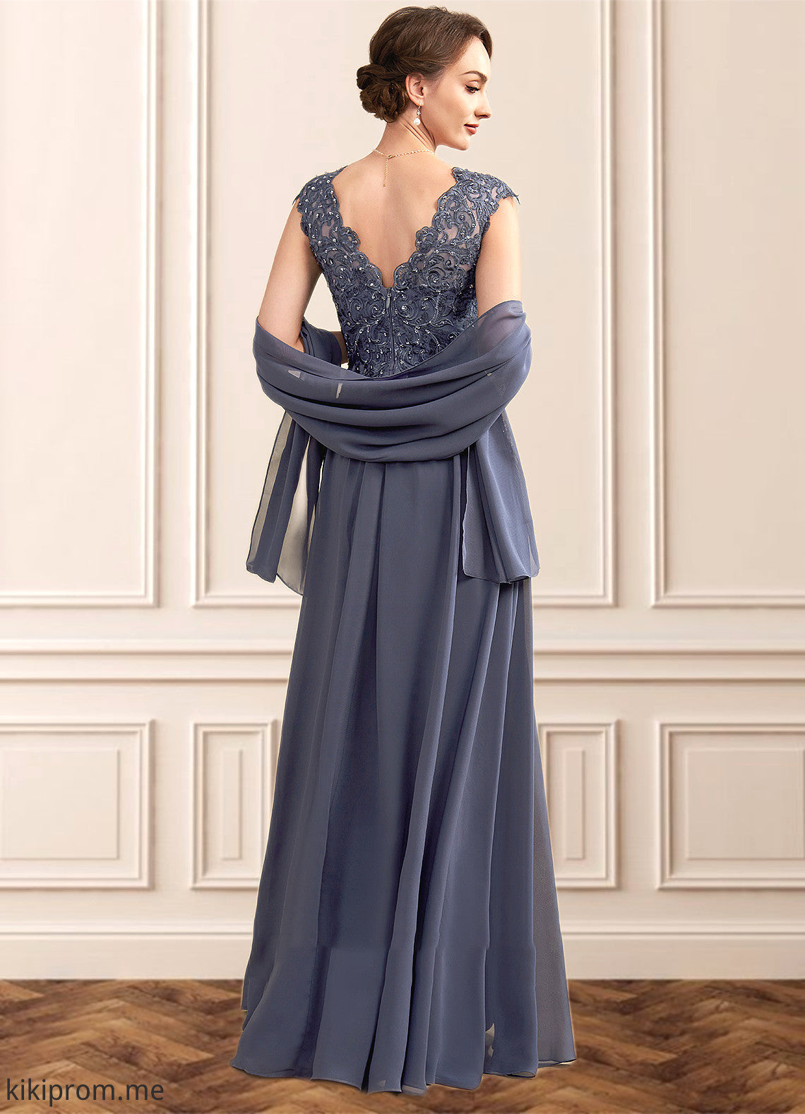 Jayden A-Line V-neck Floor-Length Chiffon Lace Mother of the Bride Dress With Beading Sequins STF126P0014657