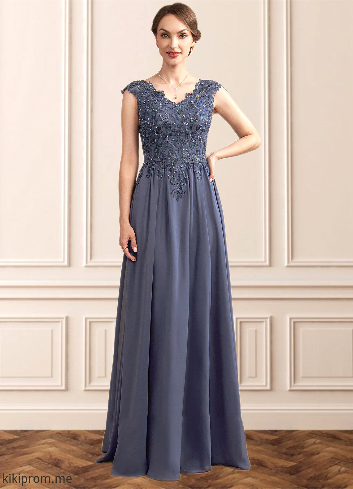 Jayden A-Line V-neck Floor-Length Chiffon Lace Mother of the Bride Dress With Beading Sequins STF126P0014657