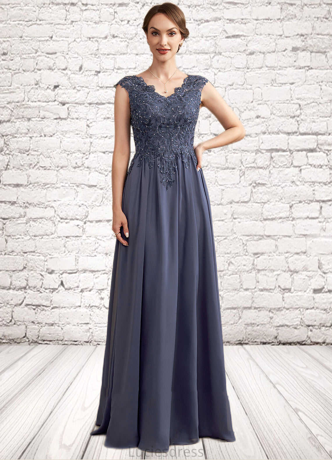 Erica A-Line V-neck Floor-Length Chiffon Lace Mother of the Bride Dress With Beading Sequins HF126P0014657