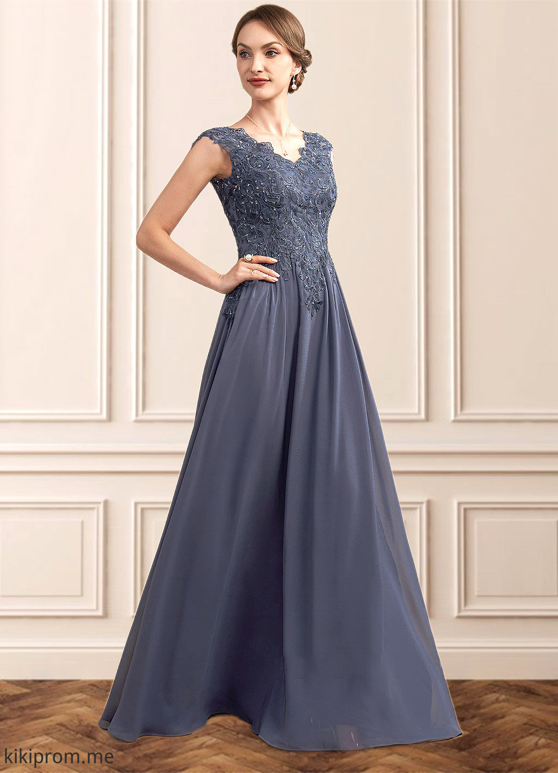 Jayden A-Line V-neck Floor-Length Chiffon Lace Mother of the Bride Dress With Beading Sequins STF126P0014657