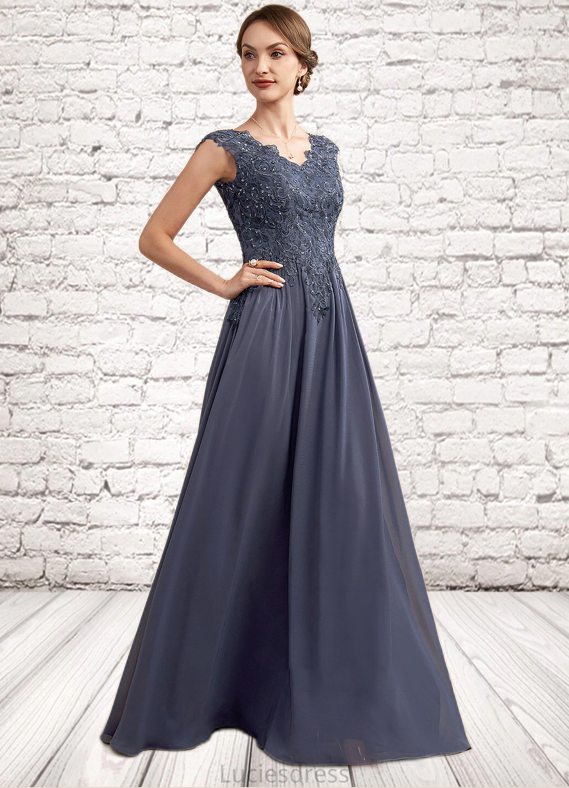 Erica A-Line V-neck Floor-Length Chiffon Lace Mother of the Bride Dress With Beading Sequins HF126P0014657