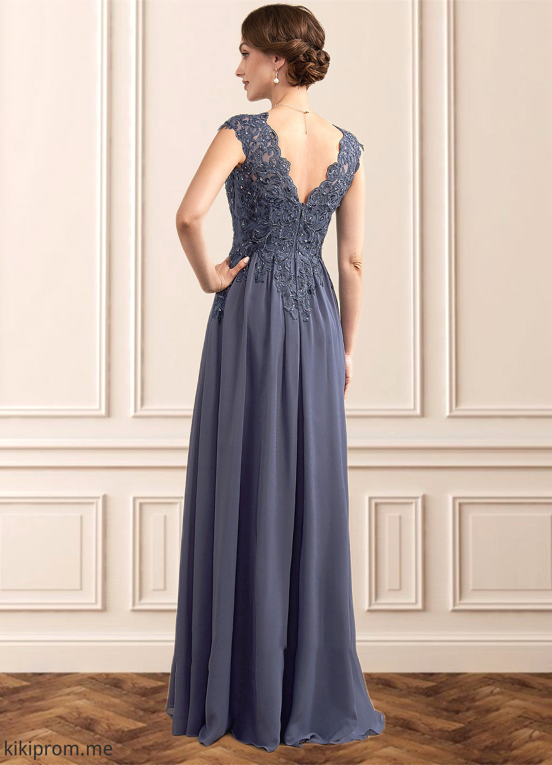 Jayden A-Line V-neck Floor-Length Chiffon Lace Mother of the Bride Dress With Beading Sequins STF126P0014657