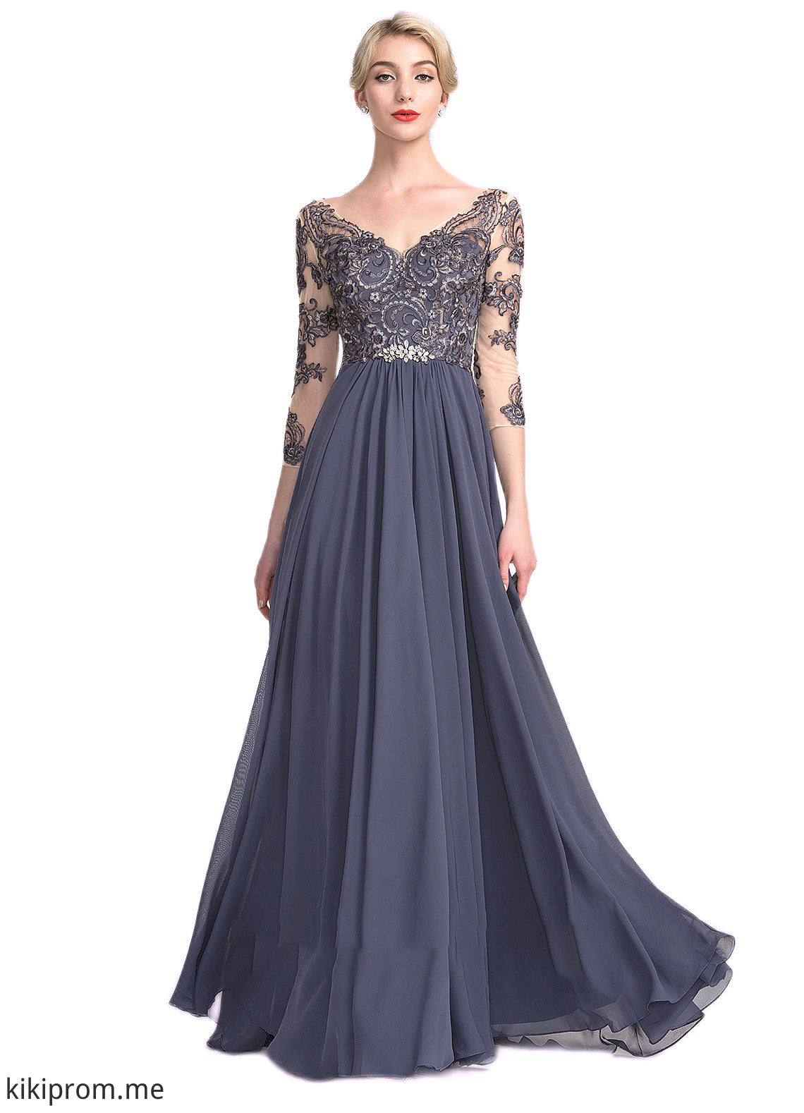 Angie A-Line V-neck Floor-Length Chiffon Lace Mother of the Bride Dress STF126P0014659