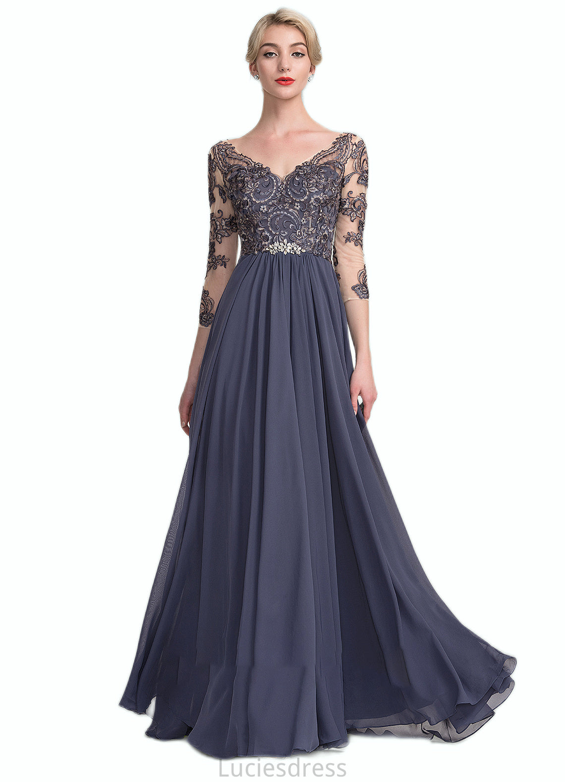 Alisa A-Line V-neck Floor-Length Chiffon Lace Mother of the Bride Dress HF126P0014659