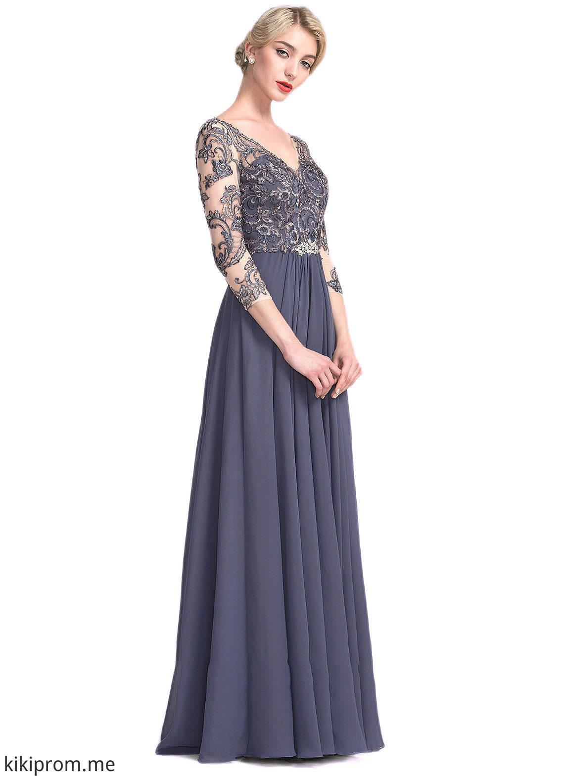 Angie A-Line V-neck Floor-Length Chiffon Lace Mother of the Bride Dress STF126P0014659