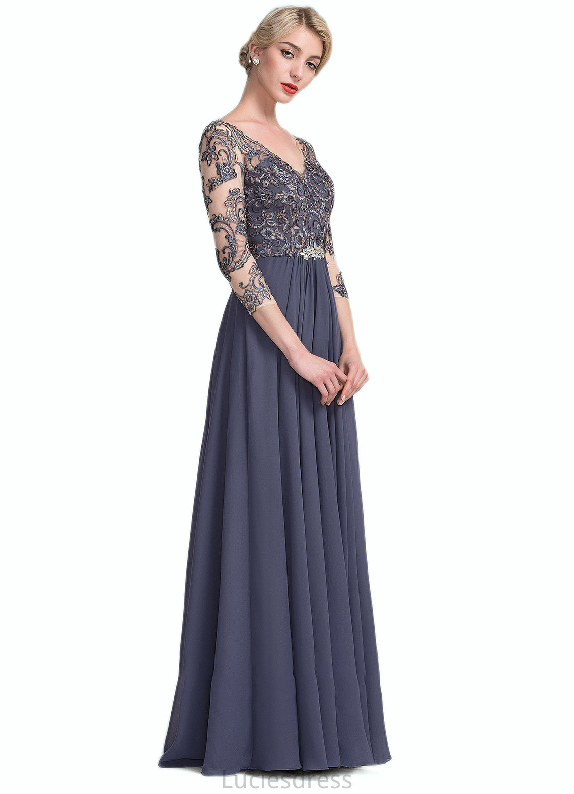 Alisa A-Line V-neck Floor-Length Chiffon Lace Mother of the Bride Dress HF126P0014659