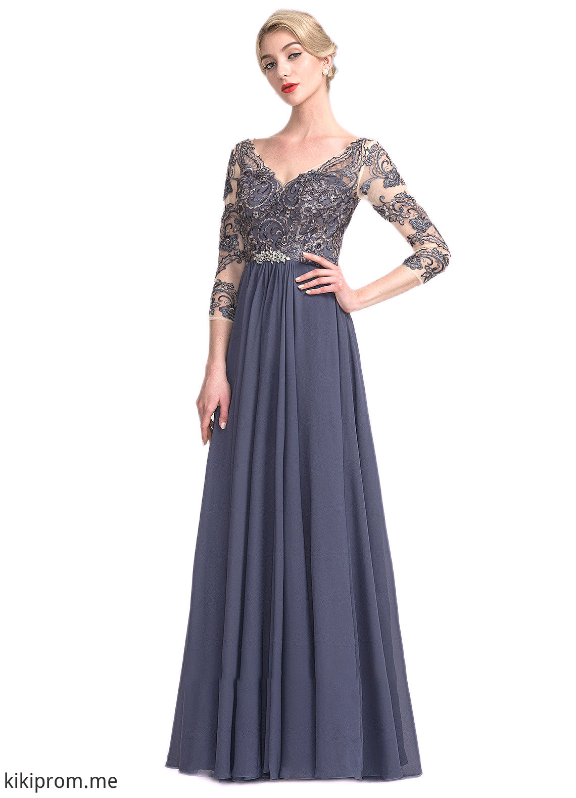 Angie A-Line V-neck Floor-Length Chiffon Lace Mother of the Bride Dress STF126P0014659