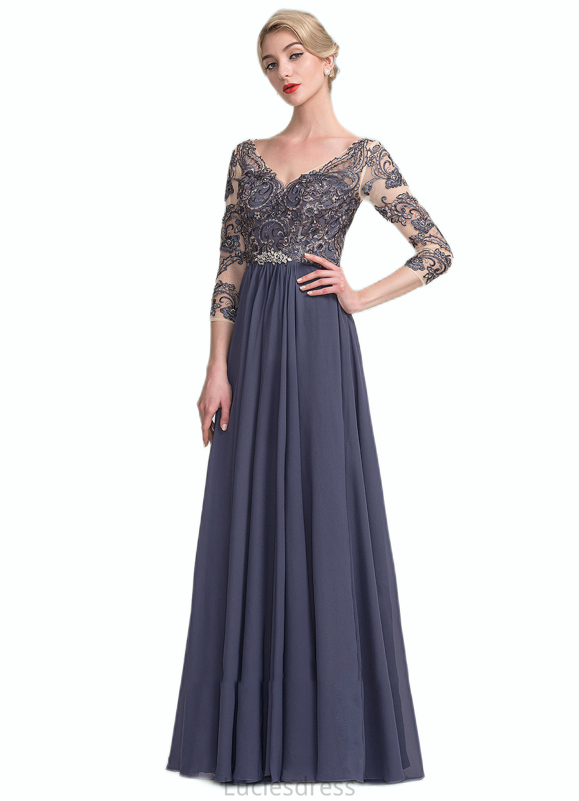 Alisa A-Line V-neck Floor-Length Chiffon Lace Mother of the Bride Dress HF126P0014659