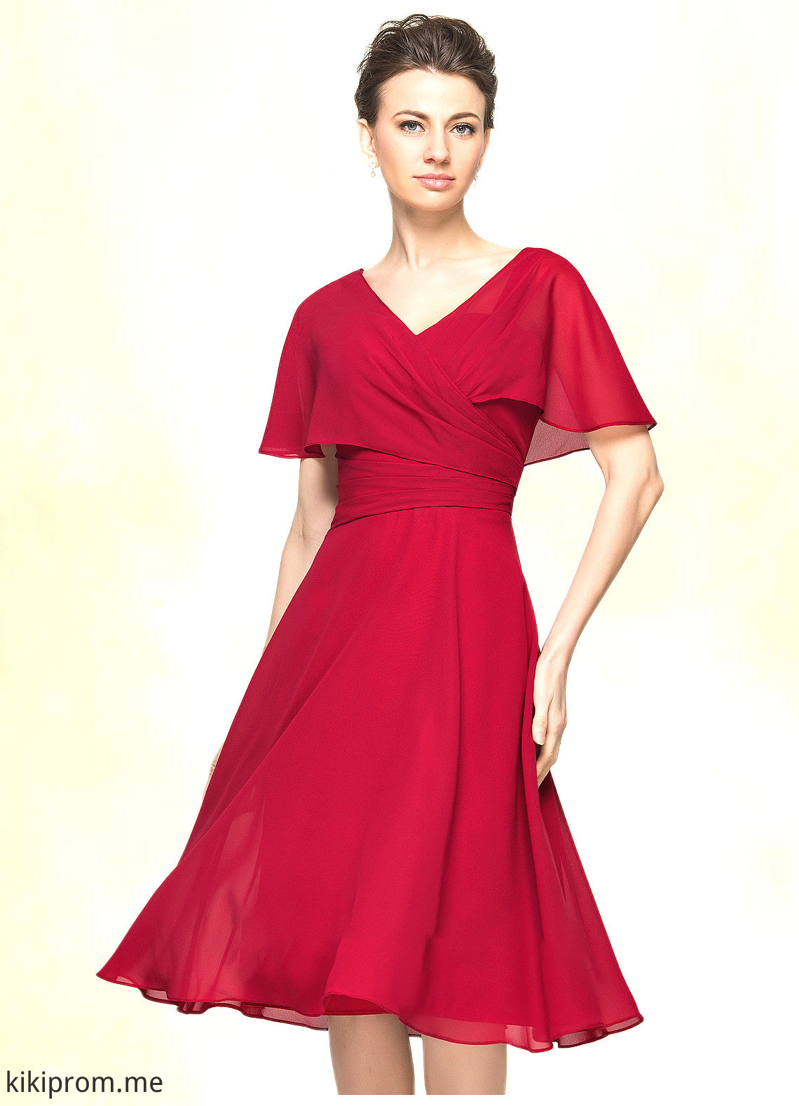 Jade A-Line V-neck Knee-Length Chiffon Mother of the Bride Dress With Ruffle STF126P0014664