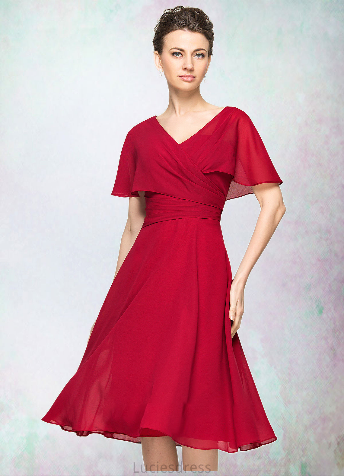 Gabriella A-Line V-neck Knee-Length Chiffon Mother of the Bride Dress With Ruffle HF126P0014664