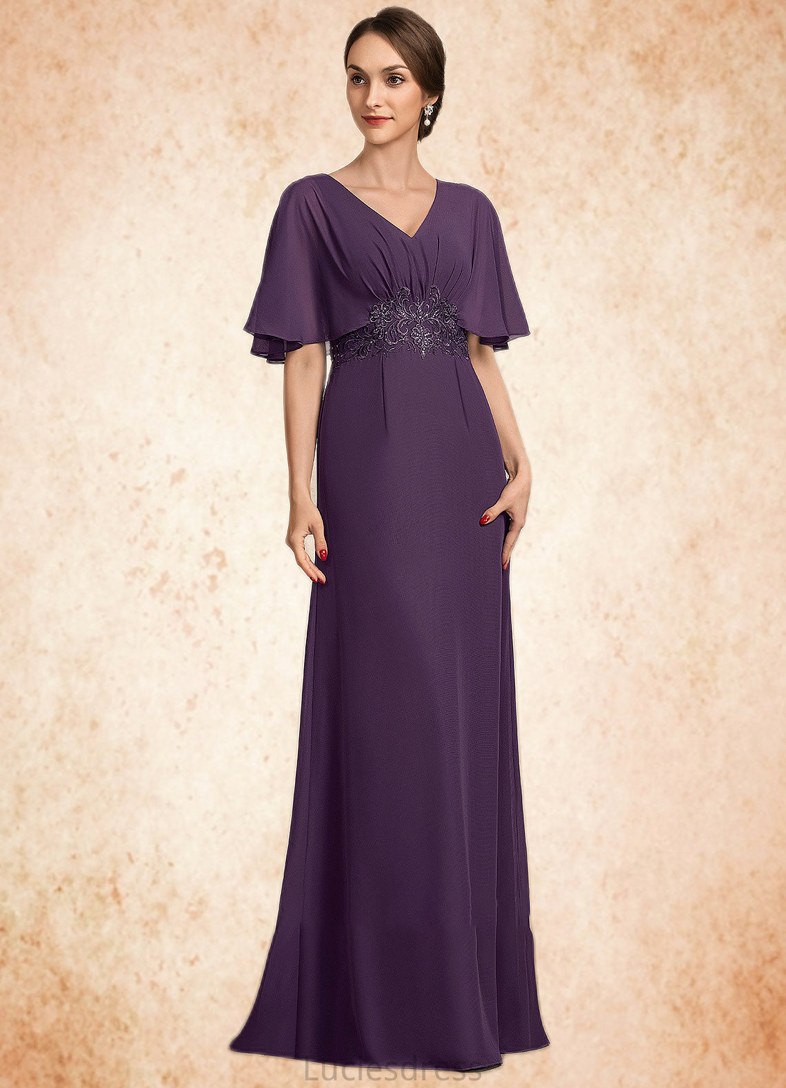 Ashleigh A-Line V-neck Floor-Length Chiffon Mother of the Bride Dress With Lace Sequins HF126P0014665