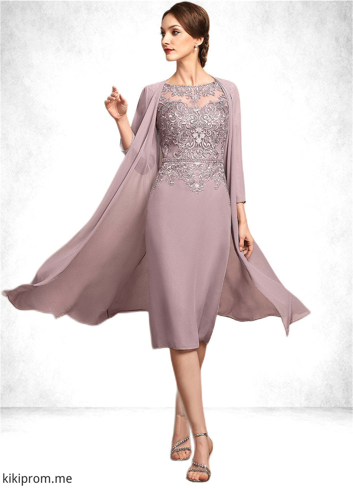 Hillary Sheath/Column Scoop Neck Knee-Length Chiffon Lace Mother of the Bride Dress With Beading Sequins STF126P0014666