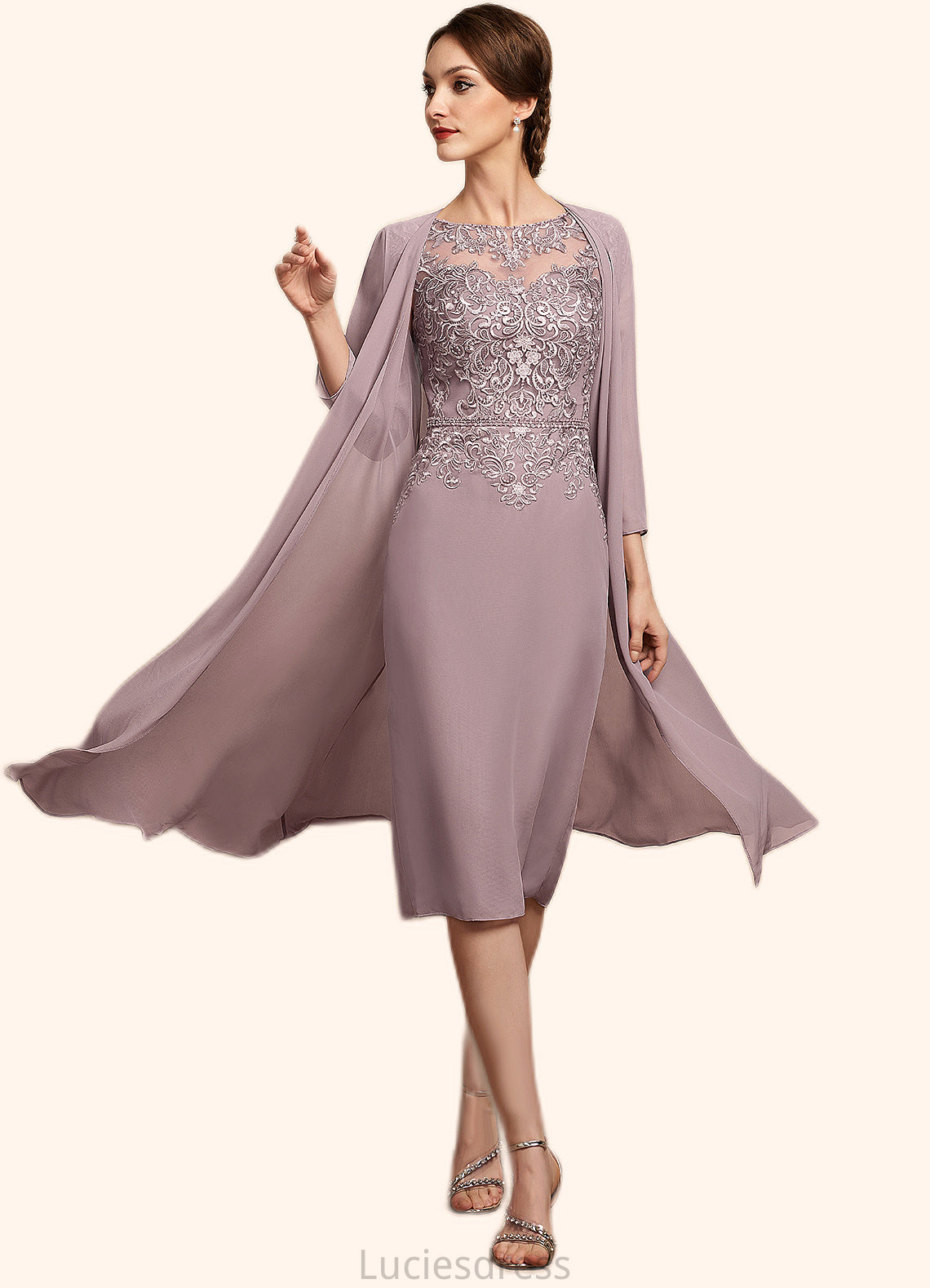 Mariana Sheath/Column Scoop Neck Knee-Length Chiffon Lace Mother of the Bride Dress With Beading Sequins HF126P0014666