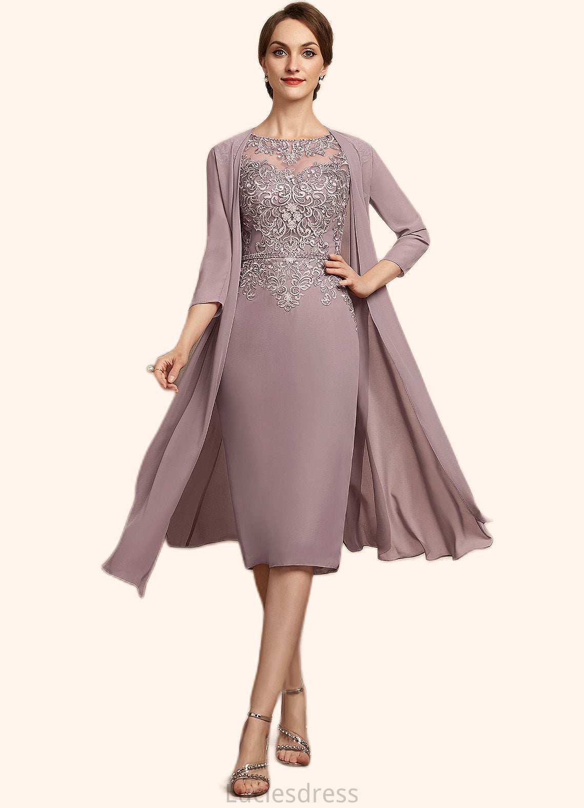 Mariana Sheath/Column Scoop Neck Knee-Length Chiffon Lace Mother of the Bride Dress With Beading Sequins HF126P0014666