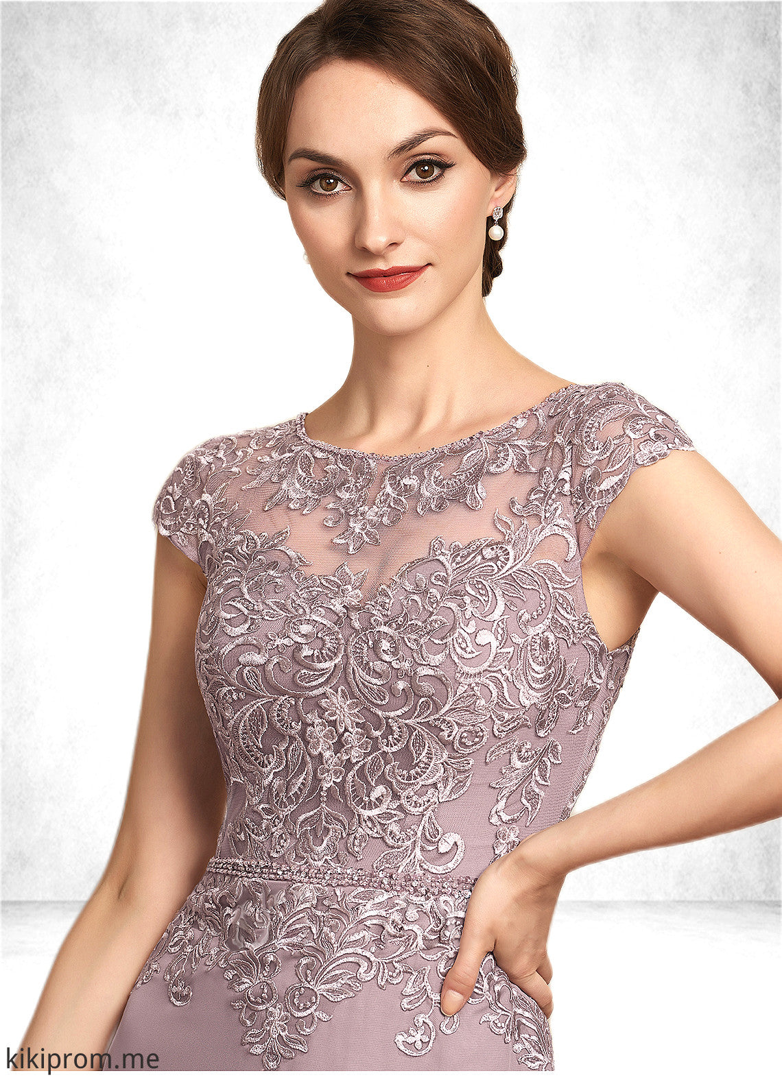 Hillary Sheath/Column Scoop Neck Knee-Length Chiffon Lace Mother of the Bride Dress With Beading Sequins STF126P0014666