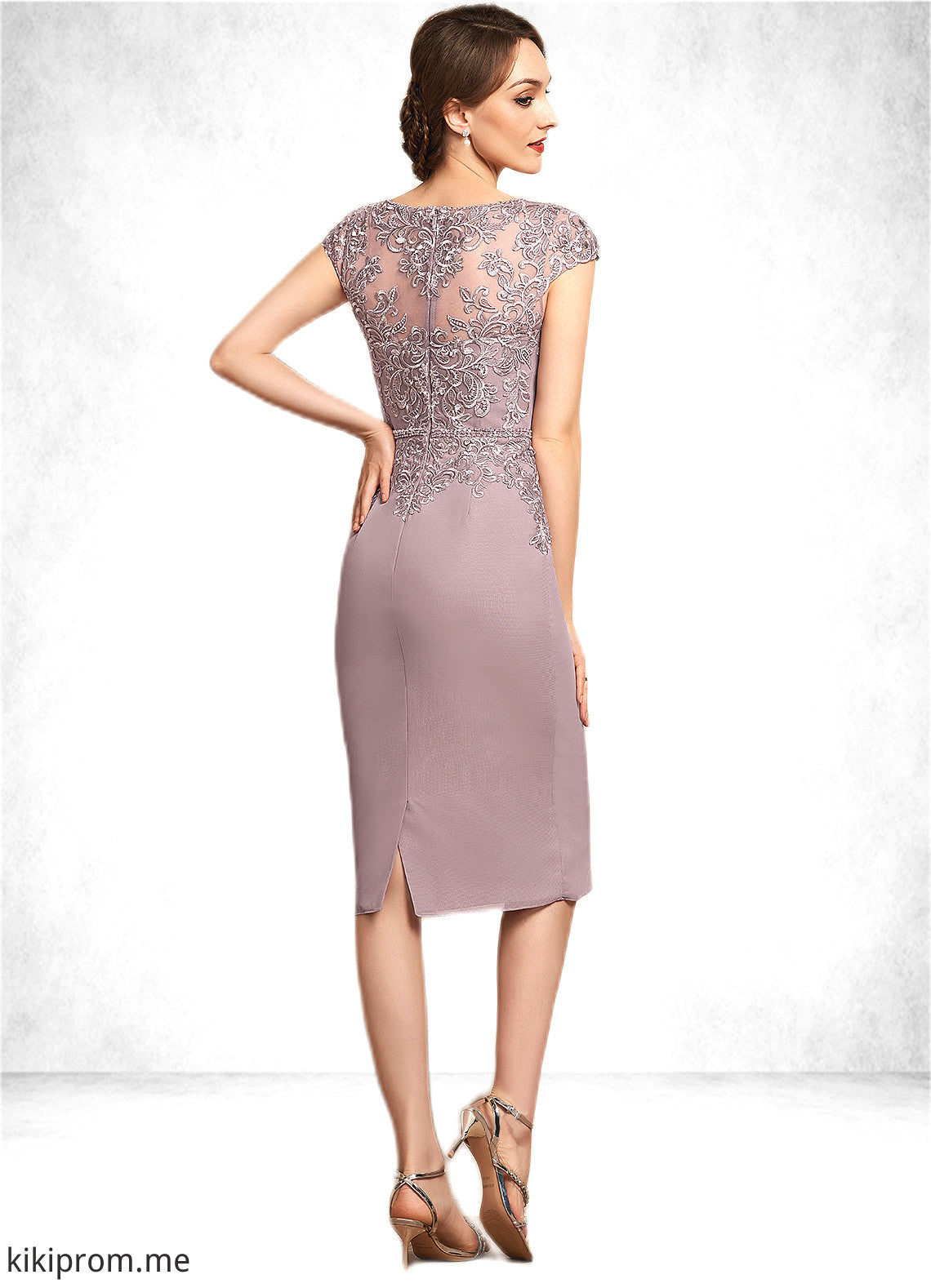 Hillary Sheath/Column Scoop Neck Knee-Length Chiffon Lace Mother of the Bride Dress With Beading Sequins STF126P0014666