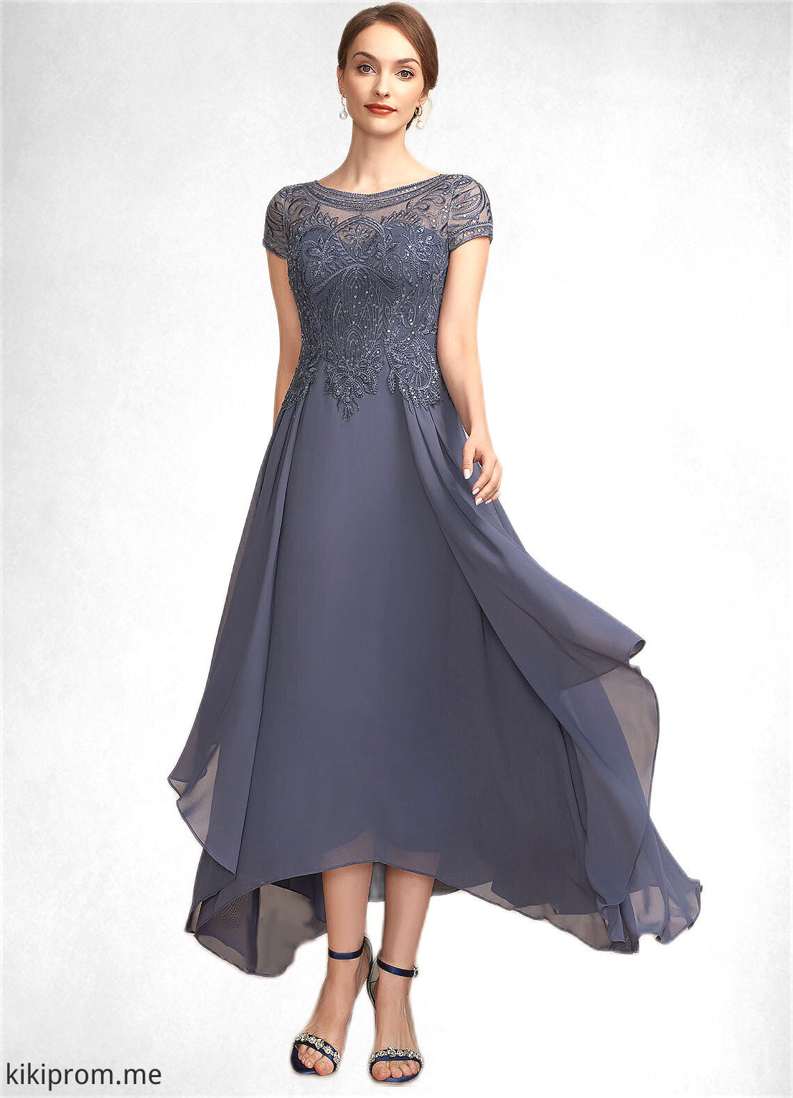 Aurora A-Line Scoop Neck Asymmetrical Chiffon Lace Mother of the Bride Dress With Sequins STF126P0014667