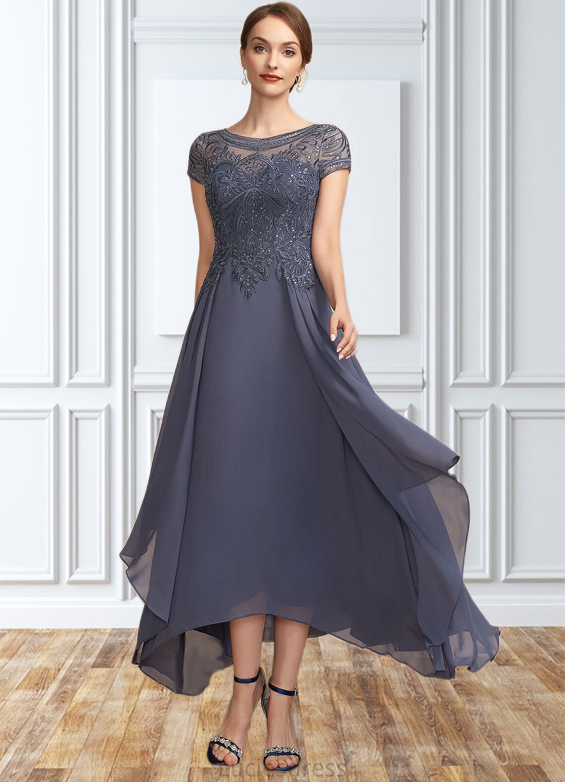 Xiomara A-Line Scoop Neck Asymmetrical Chiffon Lace Mother of the Bride Dress With Sequins HF126P0014667