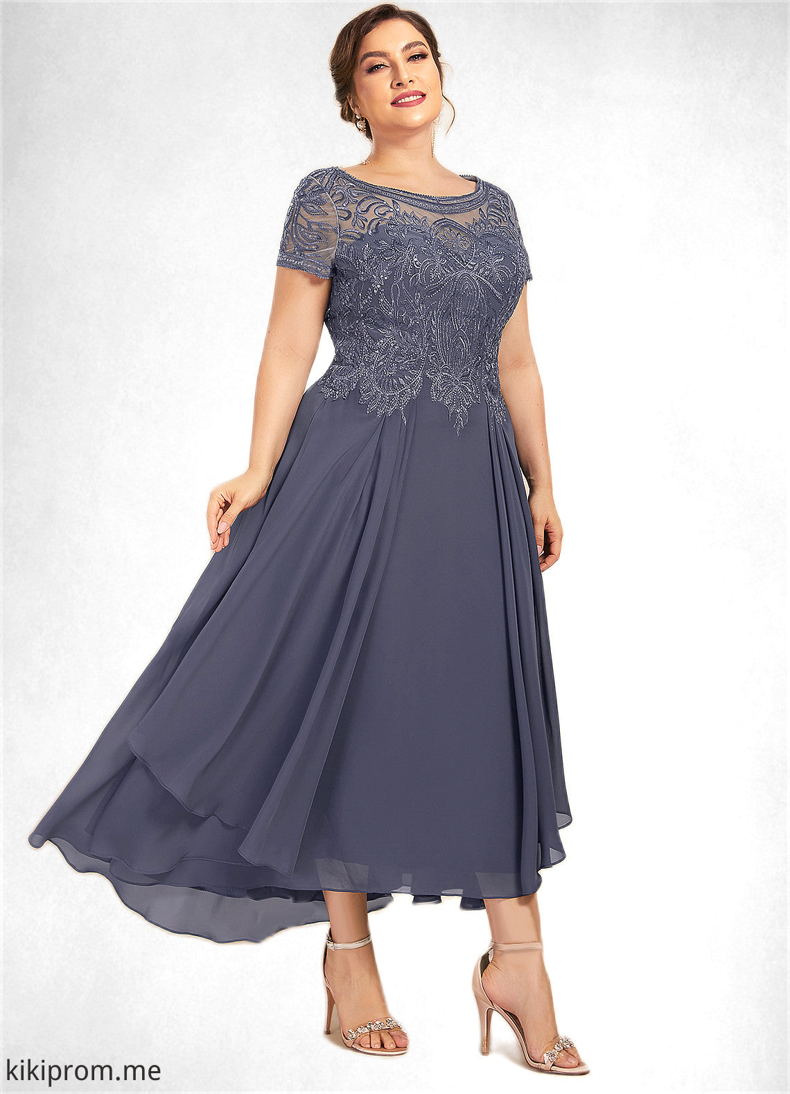 Aurora A-Line Scoop Neck Asymmetrical Chiffon Lace Mother of the Bride Dress With Sequins STF126P0014667