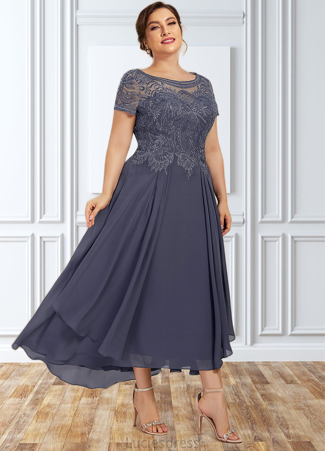 Xiomara A-Line Scoop Neck Asymmetrical Chiffon Lace Mother of the Bride Dress With Sequins HF126P0014667