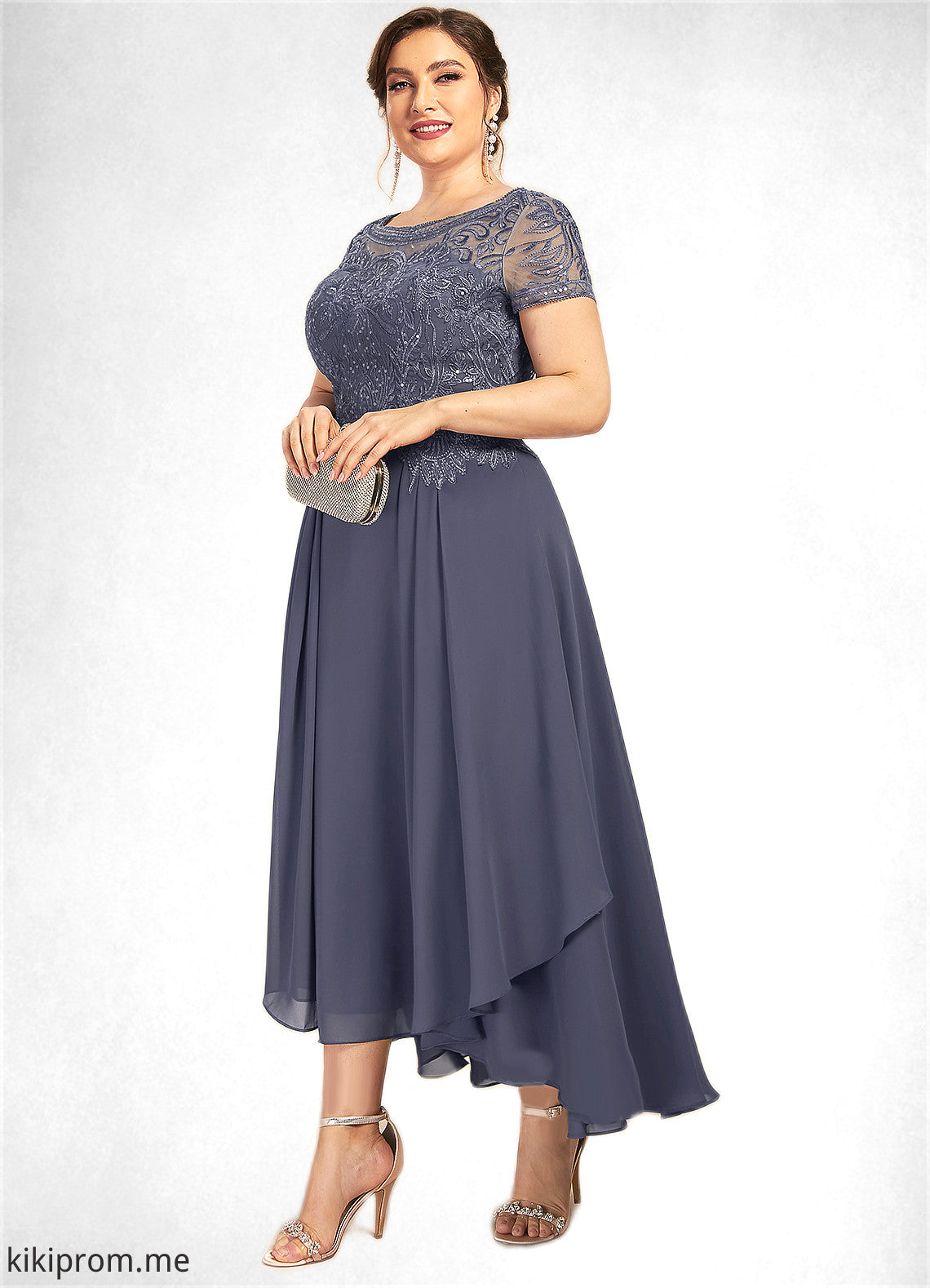 Aurora A-Line Scoop Neck Asymmetrical Chiffon Lace Mother of the Bride Dress With Sequins STF126P0014667