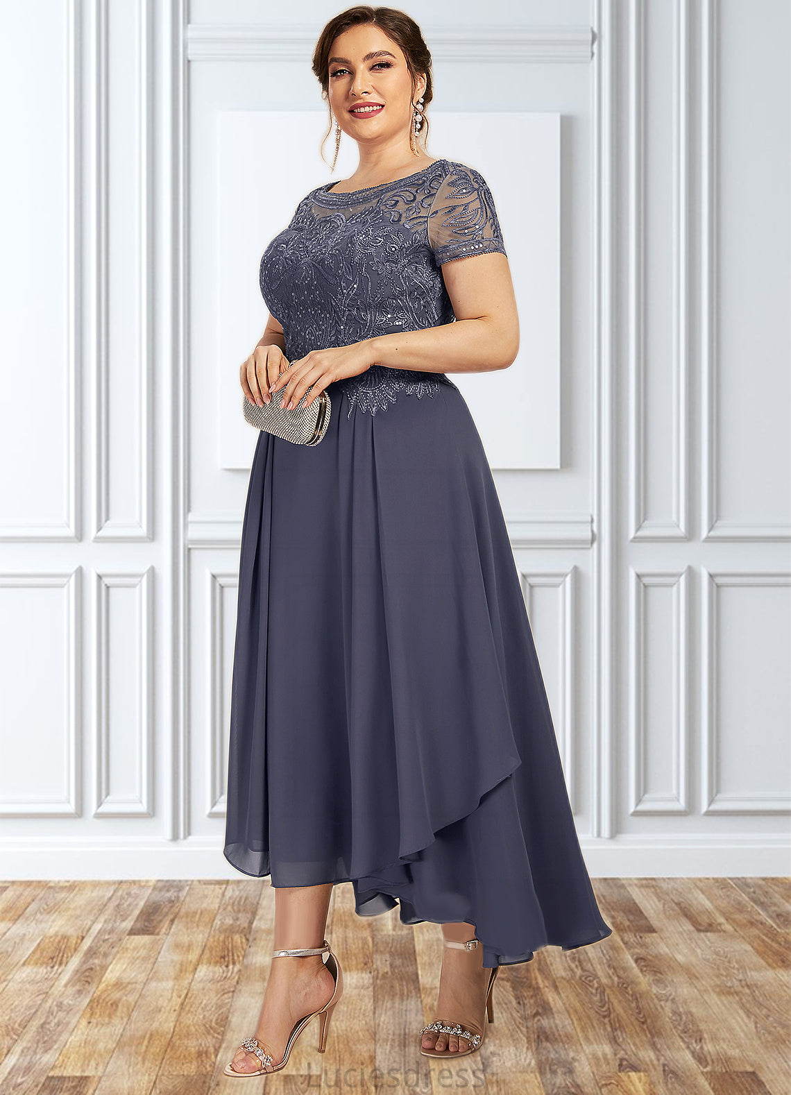 Xiomara A-Line Scoop Neck Asymmetrical Chiffon Lace Mother of the Bride Dress With Sequins HF126P0014667