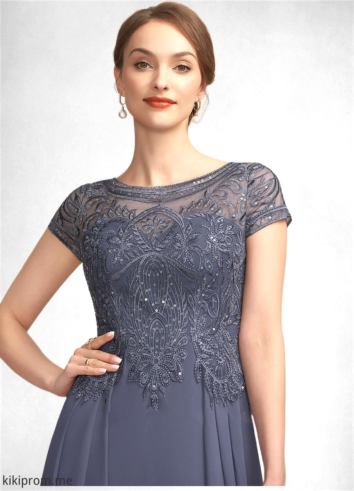 Aurora A-Line Scoop Neck Asymmetrical Chiffon Lace Mother of the Bride Dress With Sequins STF126P0014667