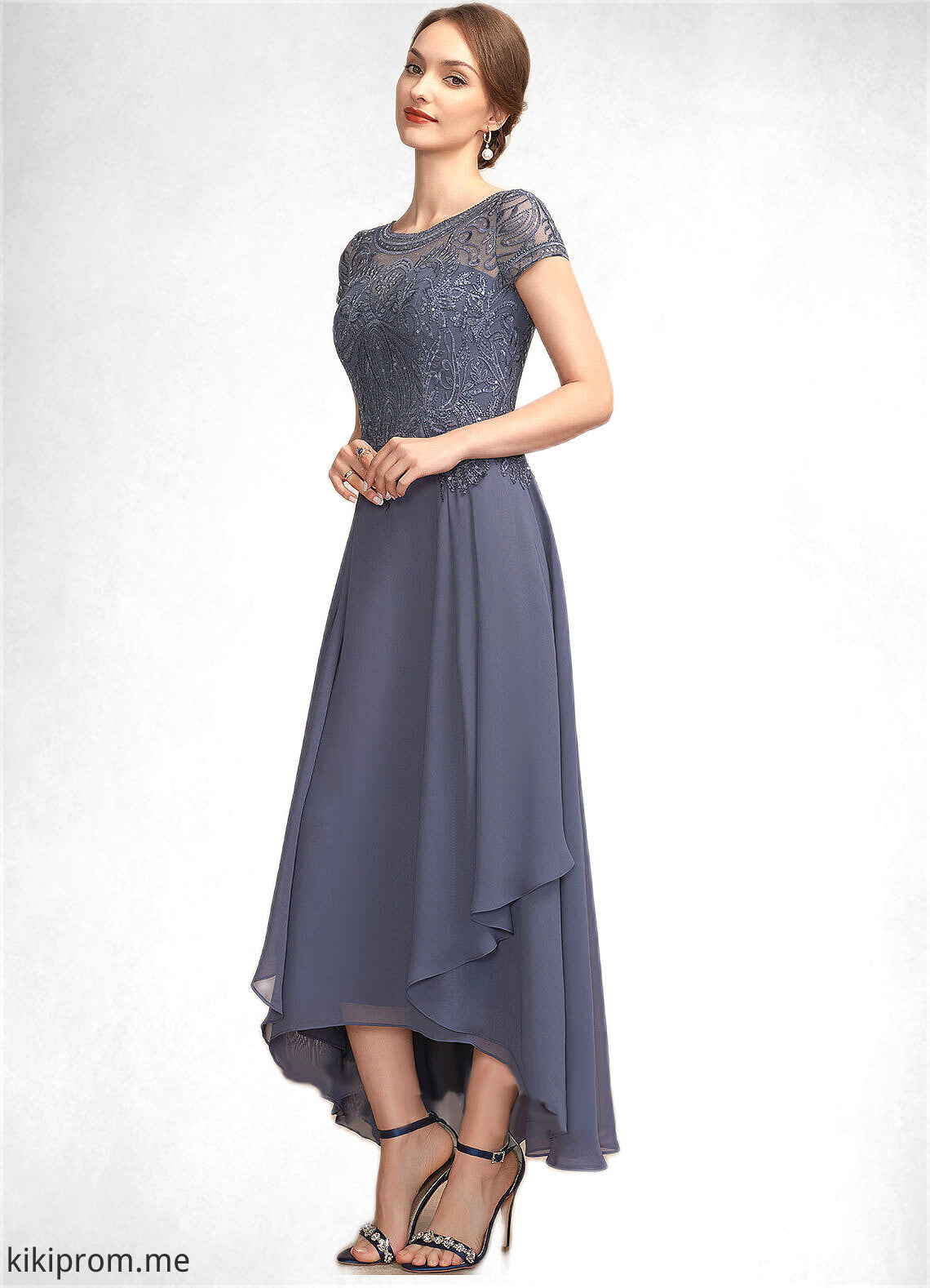 Aurora A-Line Scoop Neck Asymmetrical Chiffon Lace Mother of the Bride Dress With Sequins STF126P0014667