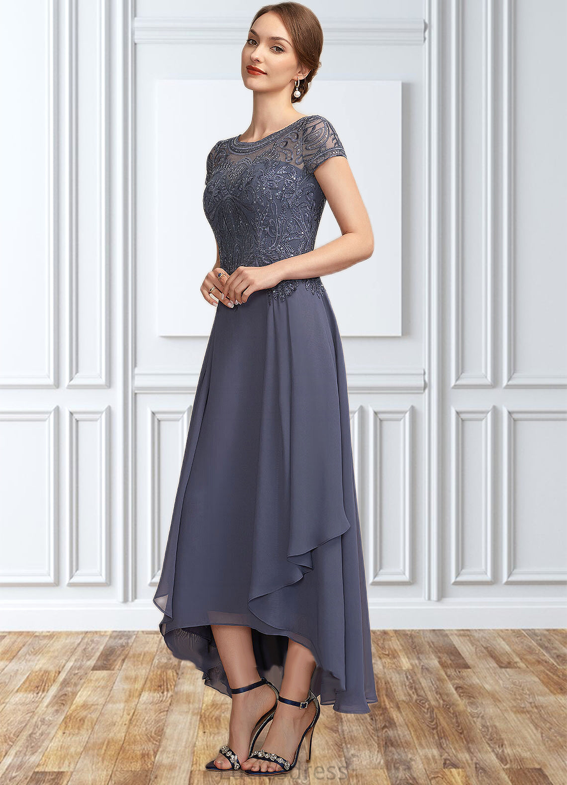 Xiomara A-Line Scoop Neck Asymmetrical Chiffon Lace Mother of the Bride Dress With Sequins HF126P0014667