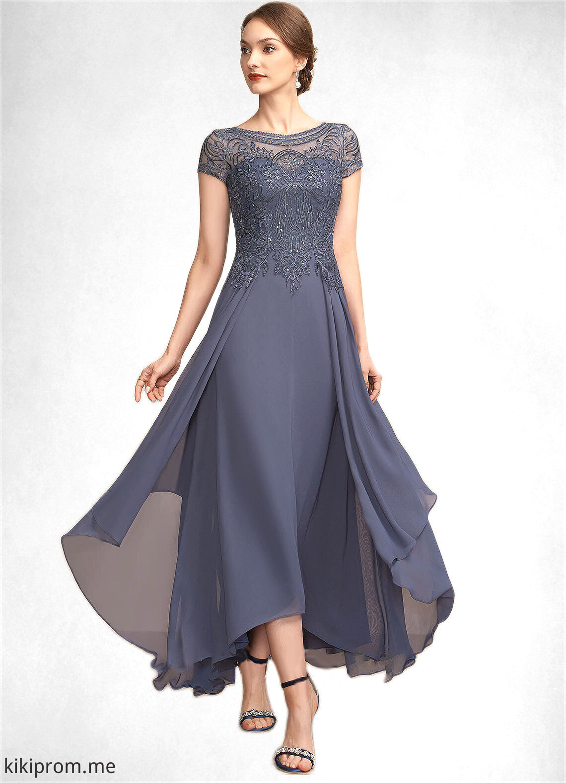 Aurora A-Line Scoop Neck Asymmetrical Chiffon Lace Mother of the Bride Dress With Sequins STF126P0014667