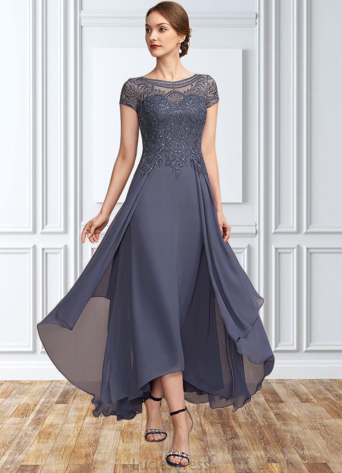 Xiomara A-Line Scoop Neck Asymmetrical Chiffon Lace Mother of the Bride Dress With Sequins HF126P0014667