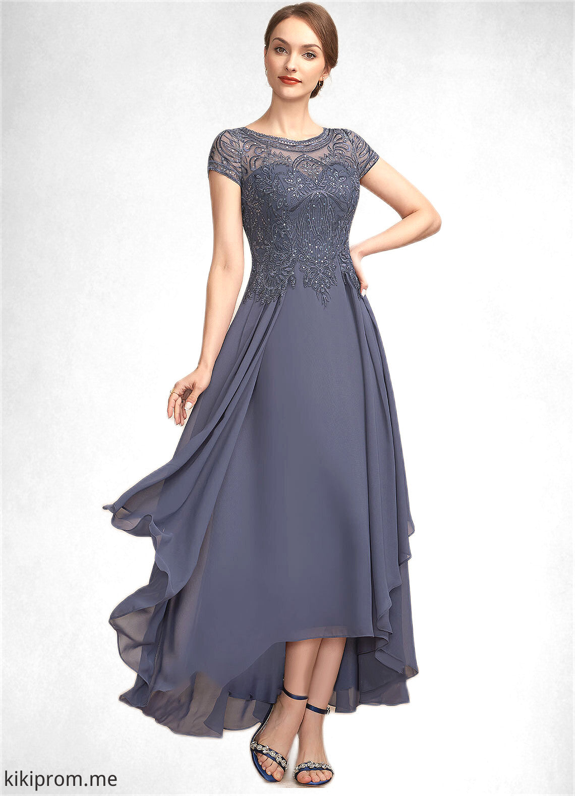 Aurora A-Line Scoop Neck Asymmetrical Chiffon Lace Mother of the Bride Dress With Sequins STF126P0014667